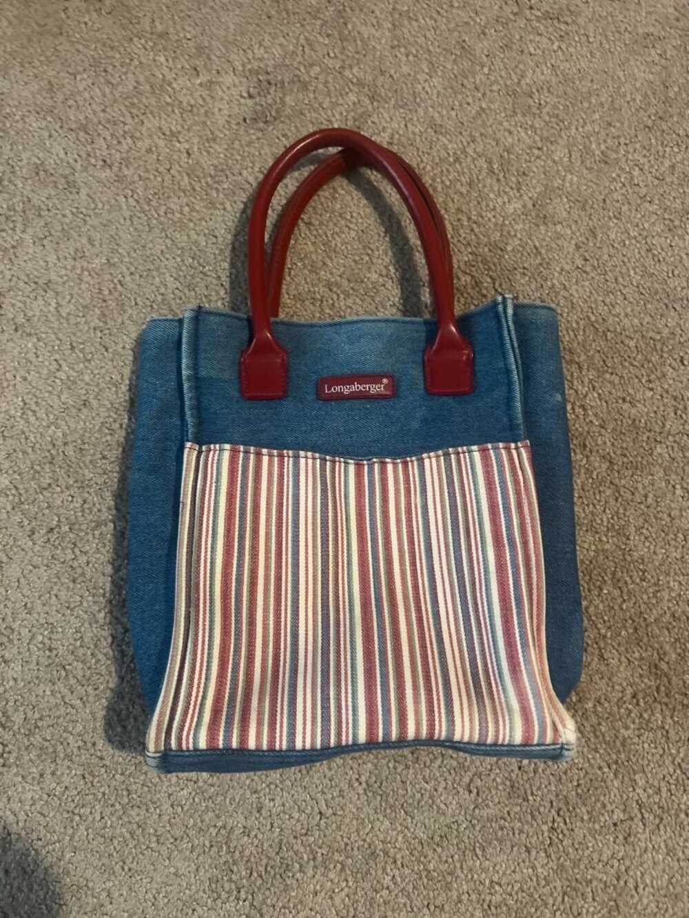Longaberger Homestead Canvas Denim Mini Red White Blue Striped Tote‎ Bag
